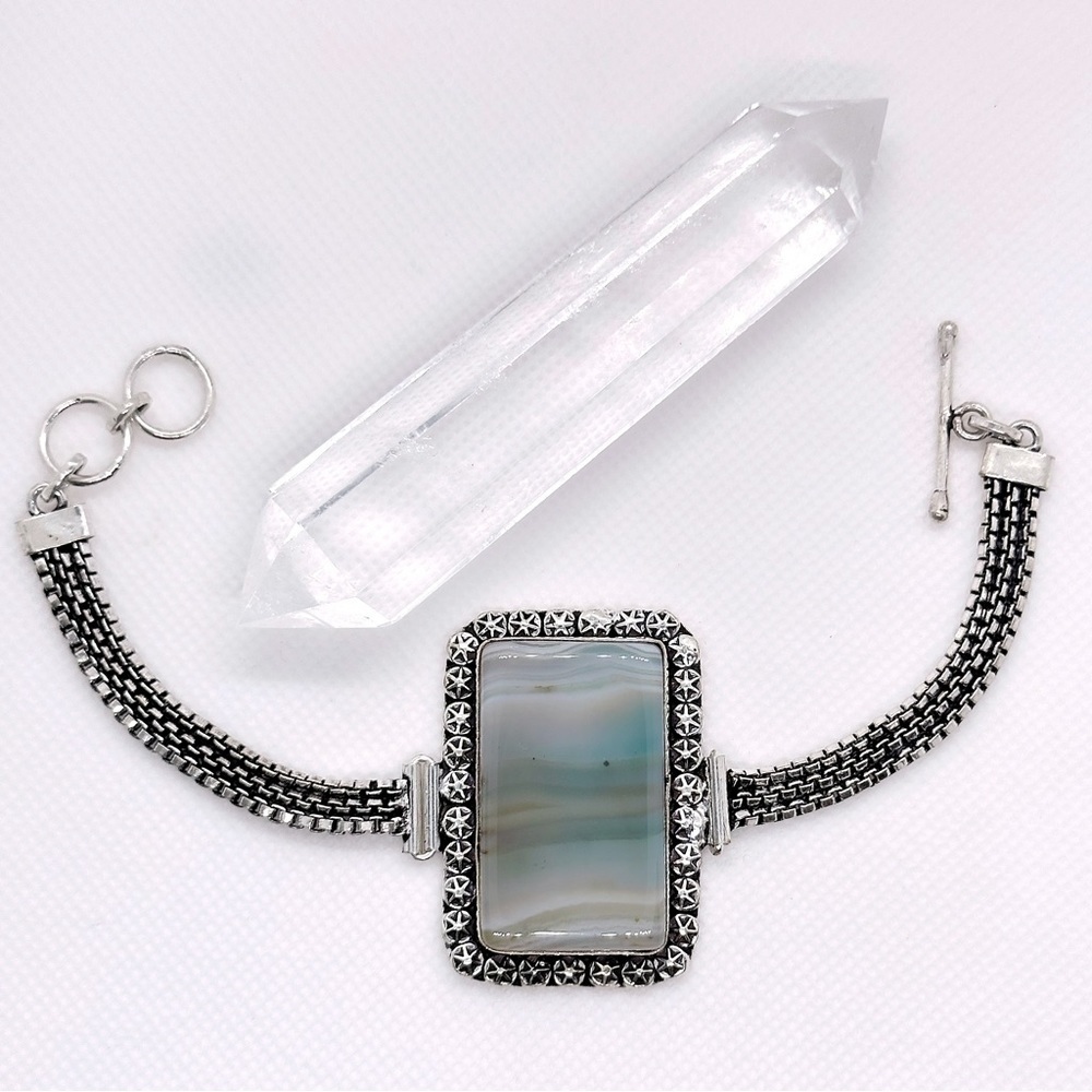 Artisan Ocean Teal Banded Agate Crystal Silver Toggle Bracelet